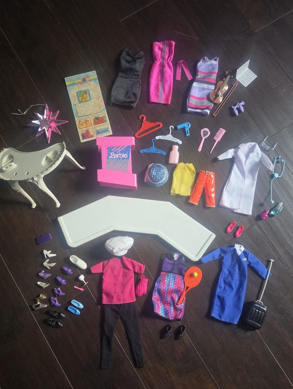 Misc Lot Barbie Furniture Parts, Clothes, Career Outfits & Acessories